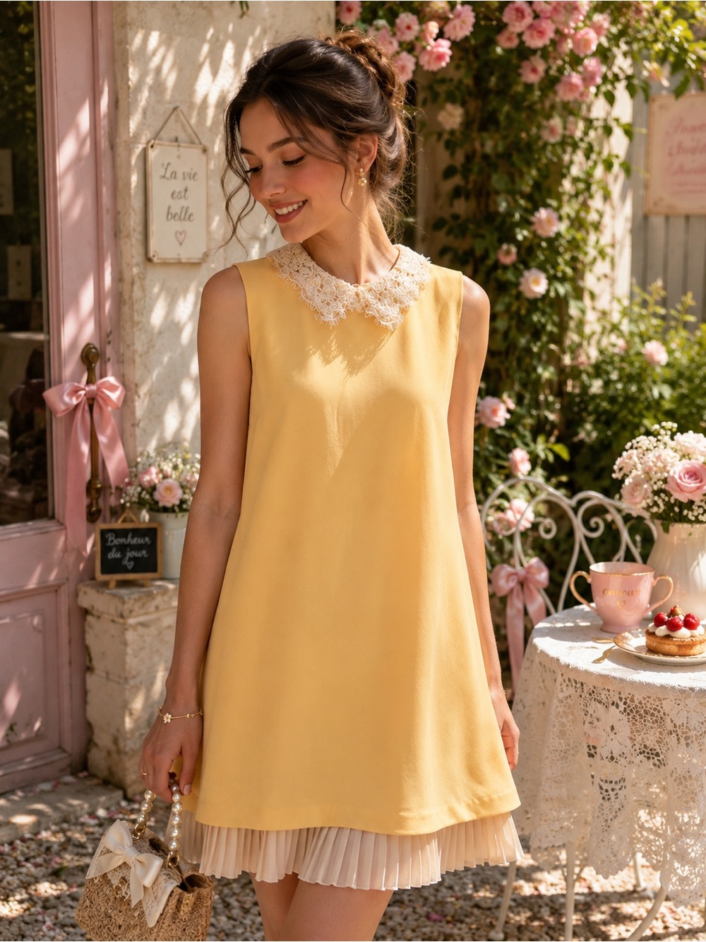 Nanette Lepore Yellow Sleeveless A-Line Dress with Lace Collar
